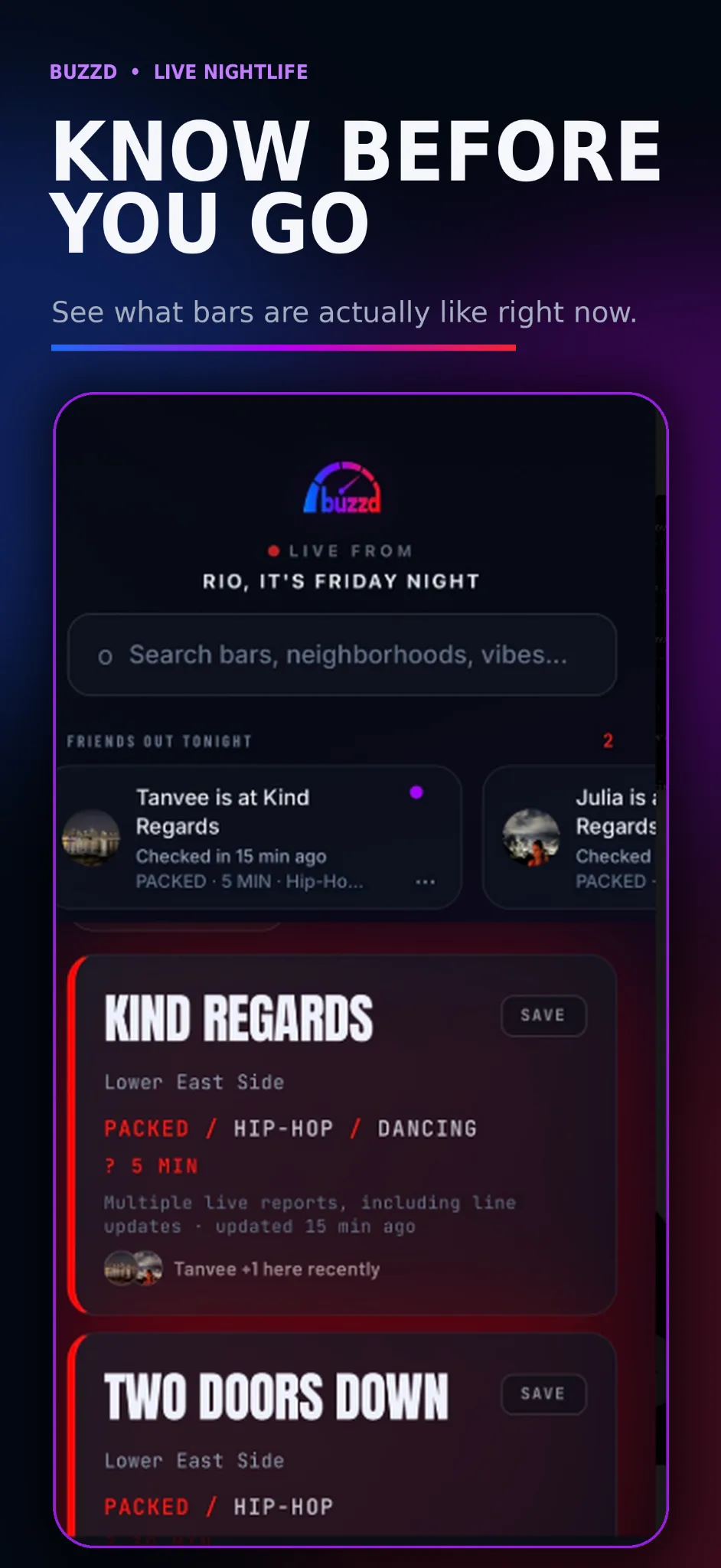 Buzzd app showing live nightlife intelligence
