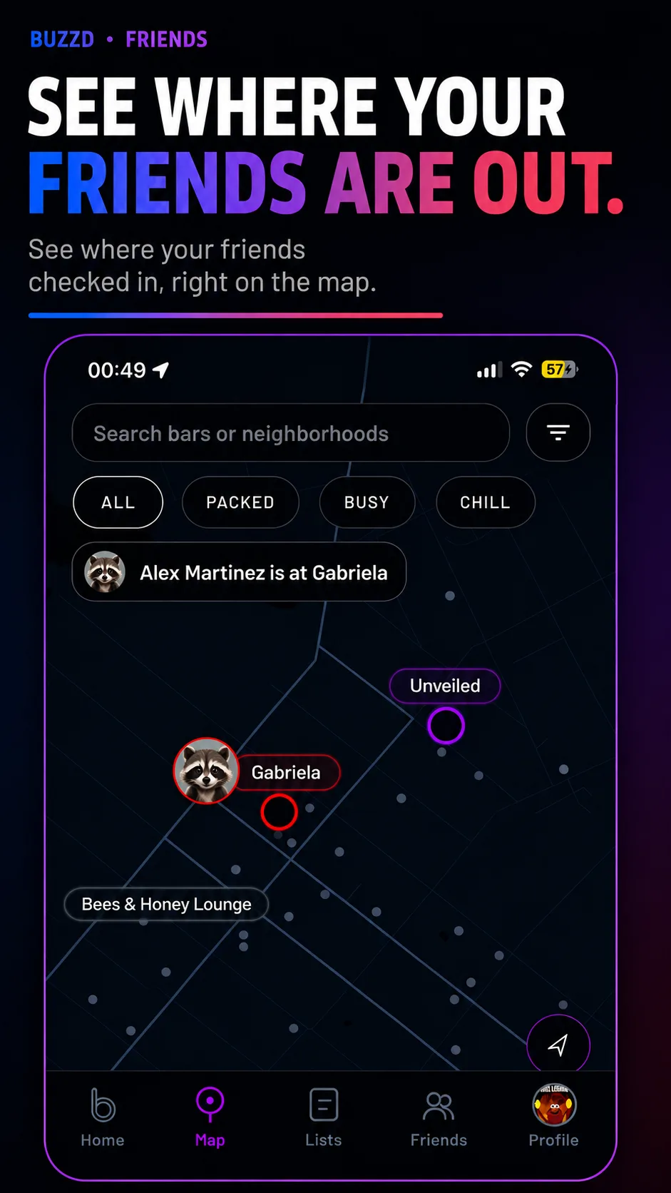 Buzzd live map showing nightlife signals and friend activity around New York City